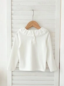 女童休闲花卉蕾丝领长袖 T 恤，柔软时尚，适合秋季 - 白色 - 查看 3