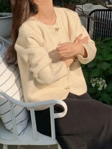 Women's Solid Color Long Sleeve Bow Button Loose Knit Cardigan, Autumn/Winter - Apricot - View 3