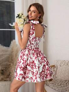 Floral Print Tie Front Keyhole Neck Sleeveless A-Line Dress For Valentine's Day
