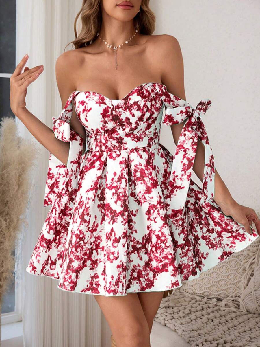 Floral Print Tie Front Keyhole Neck Sleeveless A-Line Dress For Valentine's Day