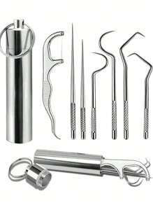 8 piezas de palillos de dientes portátiles de acero inoxidable, palillos de dientes de metal reutilizables con contenedor de almacenamiento, adecuados para acampar y viajar - Multicolor - Ver 1