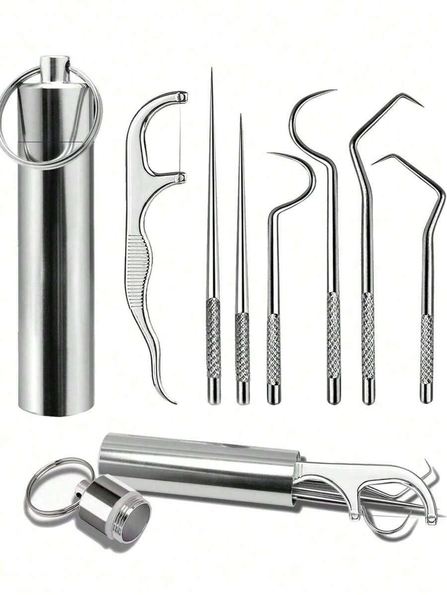 8 piezas de palillos de dientes portátiles de acero inoxidable, palillos de dientes de metal reutilizables con contenedor de almacenamiento, adecuados para acampar y viajar - Multicolor - Ver 1