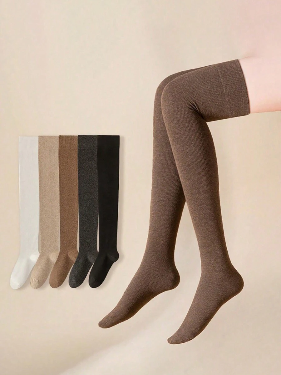 5 Pairs Women's Solid Color Comfortable Knee-High Socks, Versatile For All Seasons, Cozy - Multicolor - View 1