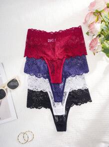 4 paquetes Bragas tipo tanga sexy de encaje de cintura alta para mujer