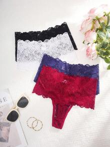 4 paquetes Bragas tipo tanga sexy de encaje de cintura alta para mujer