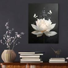 Wooden Framed Canvas Painting, White Floral Wall Art For Bathroom Flower And Butterfly On Black Canvas Wall Art Modern Framed Wall Art Yoga Spa Spiritual Wall Art Painting