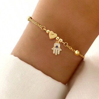 1 pieza Brazalete de mano de Hamsa con corazón y inicial con pavé de circonitas, de acero inoxidable con cadena de cuentas, para mujeres, regalo para San Valentín, mamá, madre, Día de la Madre