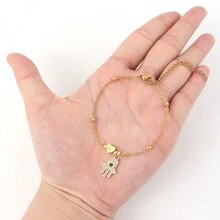 1件时尚简约哈姆萨之手和字母吊坠不锈钢串珠手链，情人节、母亲节礼物 - 款式2 - 查看 3