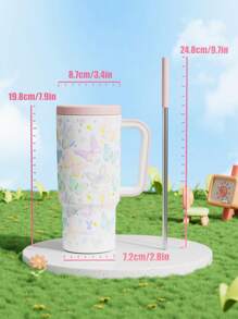 24盎司带把手保温杯，真空隔热不锈钢旅行杯，带吸管，真空隔热水瓶，可重复使用的不锈钢水瓶 - 保温/保冷长达24小时 - 白色 - 查看 5