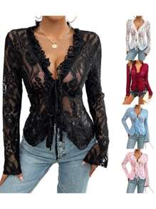 Women Lace Long Sleeve Tops Casual Sheer Basic Tie Front Shirt Blouses For Club Streetwear Aesthetic Clothes