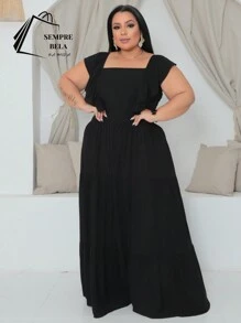 Plus Size Long Dress With Ruffle On The Shoulder - Black - View 1