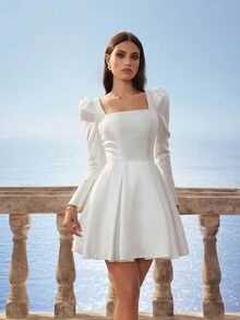 HEARBOBO New Year Vintage Winter Square Neck Long Sleeve Elegant Satin Palace Style Short Dress, Chic Women Formal Gown, White - White - View 7