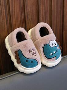 1 Pair Kids Dinosaur Indoor House Slippers, Boys Girls Toddlers Non-Slip Home Warm Plush Shoes - Coffee Brown - View 2