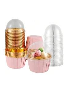 10/15/20pcs Pink/Brown Cupcake Liners With Lids, Baking Cups For Cupcakes, Sponge Cakes, Mousse Cakes, Heat-Resistant Aluminum Foil Baking Cups, Suitable For Weddings, Parties, Holidays, Cake & Desserts - Multicolor - View 1