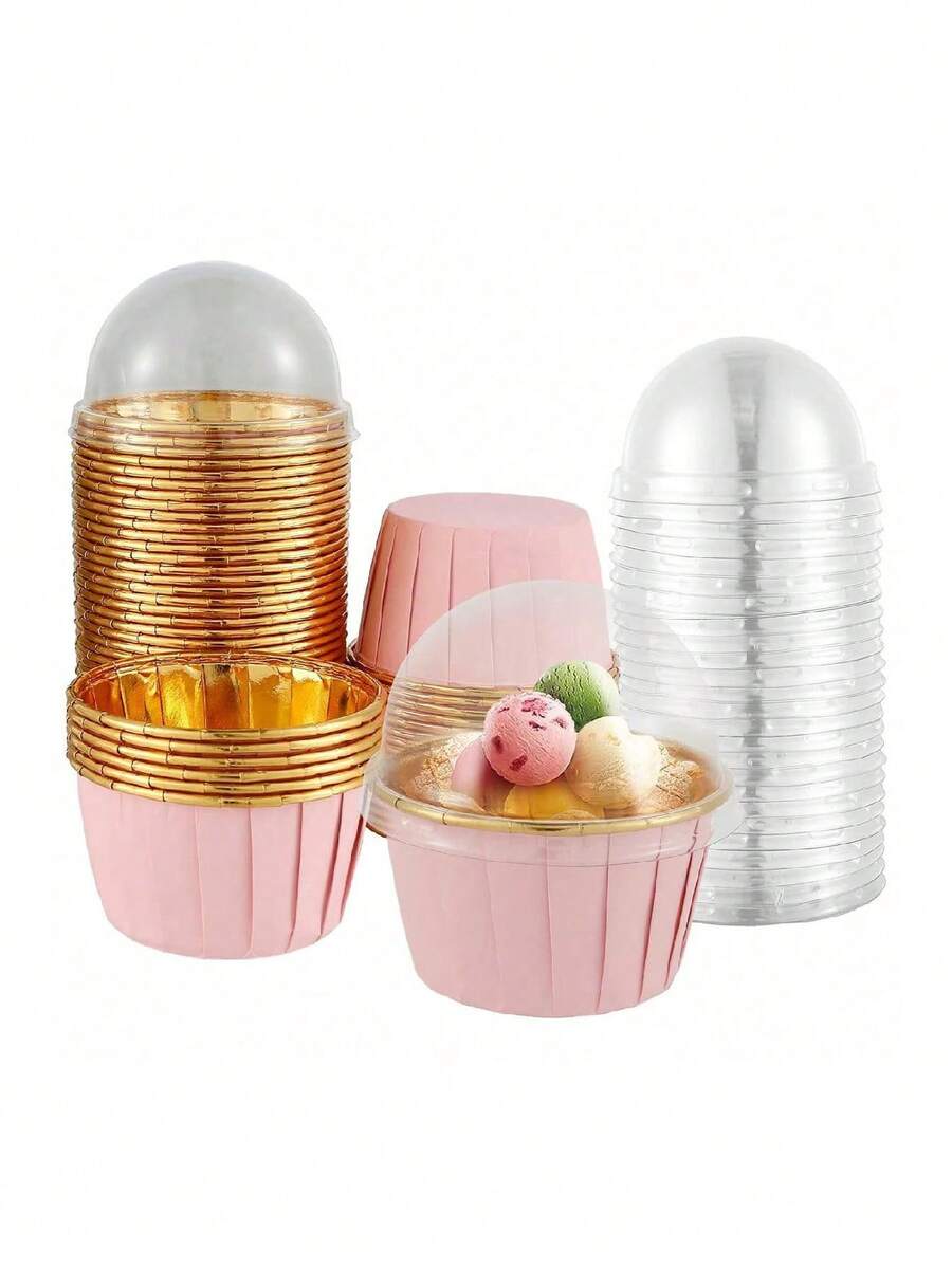 10/15/20pcs Pink/Brown Cupcake Liners With Lids, Baking Cups For Cupcakes, Sponge Cakes, Mousse Cakes, Heat-Resistant Aluminum Foil Baking Cups, Suitable For Weddings, Parties, Holidays, Cake & Desserts - Multicolor - View 1