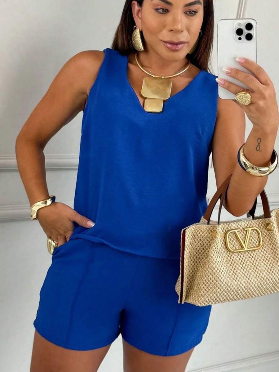Women's Duna Fabric Set Wide Strap Tank Top + Shorts With Elastic Waistband - 藍色 - 查看 1