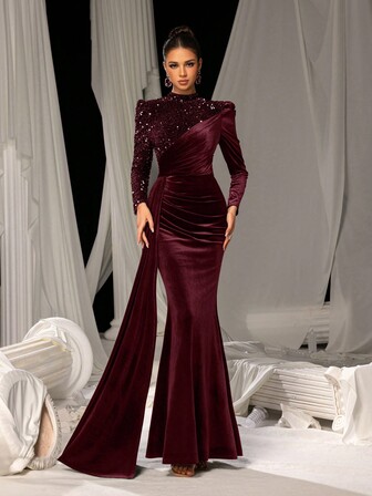 Faeriesty 优雅丝绒美人鱼尾长裙，饰以闪亮亮片刺绣 | 适合盛大晚宴、婚礼和戛纳派对的奢华晚礼服