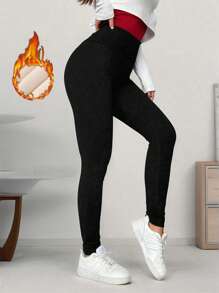 冬季女士休闲摇粒绒保暖内衬加厚羊毛打底裤冬天可外穿高腰户外运动铅笔裤。 - 黑色 - 查看 6