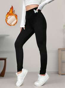 冬季女士休闲摇粒绒保暖内衬加厚羊毛打底裤冬天可外穿高腰户外运动铅笔裤。 - 黑色 - 查看 5