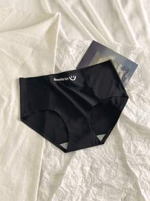 3pcs Women's Solid Color Cute Smiling Face Seamless Breathable Mid-Rise Briefs