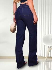 Women's Wide Leg Jeans, High Waist, Dark Wash With Elastane, Shaper, Butt Lifting, Premium Launch - 藍色 - 查看 3