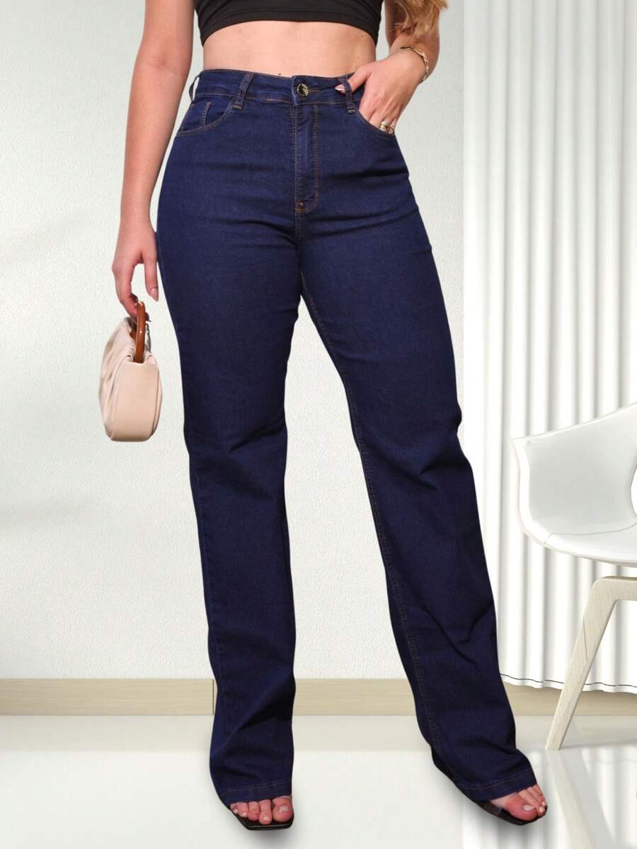 Women's Wide Leg Jeans, High Waist, Dark Wash With Elastane, Shaper, Butt Lifting, Premium Launch - 藍色 - 查看 1