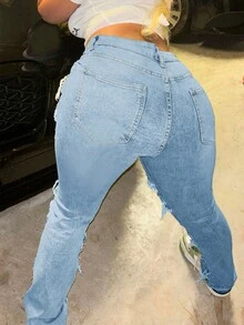 Y2K 90年代街头风做旧牛仔裤，斜插口袋，高弹面料，毛边设计，独特的流苏拼接工艺，嘻哈风格 - 藍色 - 查看 2