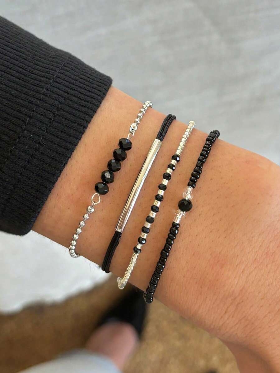 4pcs/Set Handmade Black Crystal Beads Miniature Bracelet Sets, Women's Fashion Jewelry For Holiday Party And Festival Gifts - Silver - View 1