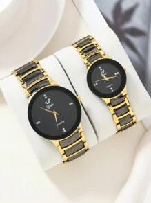 2 piezas Relojes de pareja de acero negro con estilo de negocios clásico de moda - Negro - Ver 9