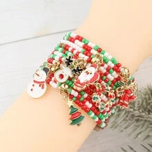 1-6PCS Vòng tay lễ hội Giáng sinh sáng tạo Mặt dây chuyền chuông ông già Noel Hạt gạo Vòng tay đôi hạt cườm - Nhiều màu - Xem 15
