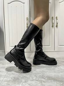 女士厚底中筒靴，2024 年秋冬新品，百搭，高跟，英伦风 - 黑色 - 查看 5