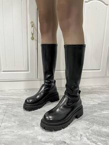 女士厚底中筒靴，2024 年秋冬新品，百搭，高跟，英伦风 - 黑色 - 查看 6