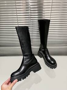 女士厚底中筒靴，2024 年秋冬新品，百搭，高跟，英伦风 - 黑色 - 查看 4