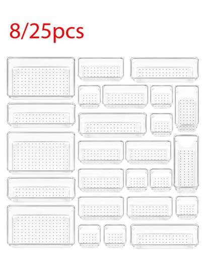 8/25 PCS Clear Plastic Drawer Organizers Set, 4-Size Versatile Bathroom And Vanity Drawer Organizer Trays, Storage Bins For Makeup, Bedroom, Kitchen Gadgets Utensils And Office
