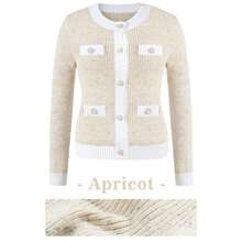 Women's Cropped Tweed Cardigan Long Sleeve Button Down Open Front Elegant Fall Knit Jacket - Apricot - View 2
