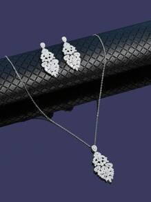 Bộ trang sức cưới sang trọng 3 món đính đá Zirconia, bao gồm dây chuyền và bông tai, thích hợp cho cô dâu. - trắng - Xem 9