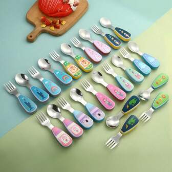 4 pezzi Set di utensili per l alimentazione per neonati, forchetta e cucchiaio in acciaio inossidabile per bambini, set portatile di stoviglie per neonati con scatola di conservazione, sicuro per i pasti del bambino