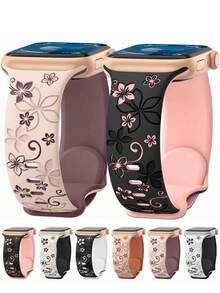 花卉雕刻表带与 Apple Watch 女式表带兼容，38 毫米 40 毫米 41 毫米 42 毫米 44 毫米 45 毫米 46 毫米 49 毫米，双色花朵柔软硅胶可爱运动表带与 Apple Watch Series 10 9 8 7 6 5 4 3 2 1 SE Ultra 兼容 - 42mm/44mm/45mm/49mm - 查看 1