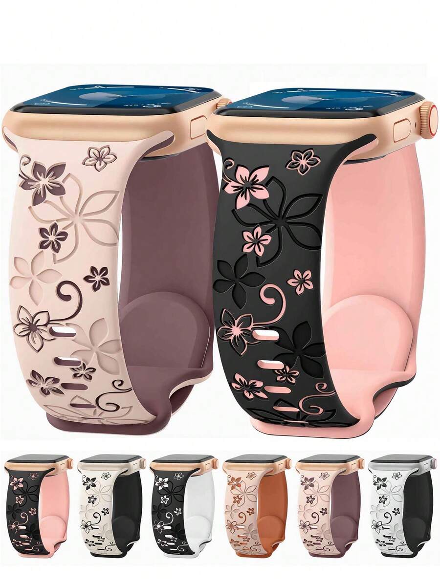 花卉雕刻表带与 Apple Watch 女式表带兼容，38 毫米 40 毫米 41 毫米 42 毫米 44 毫米 45 毫米 46 毫米 49 毫米，双色花朵柔软硅胶可爱运动表带与 Apple Watch Series 10 9 8 7 6 5 4 3 2 1 SE Ultra 兼容 - 42mm/44mm/45mm/49mm - 查看 1