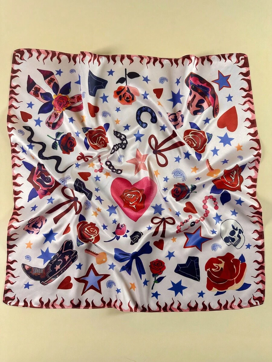 1件装女士优雅缎面围巾,饰有马蹄铁、牛仔帽、蛇与玫瑰印花,可作领巾或发饰 - 彩色 - 查看 1