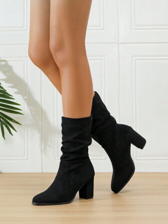 Women's Chunky Heel Piled Pile Pointed Toe Faux Suede Slim Fit Knee-High Boots, New Autumn/Winter Mid-Calf Equestrian Riding Boots