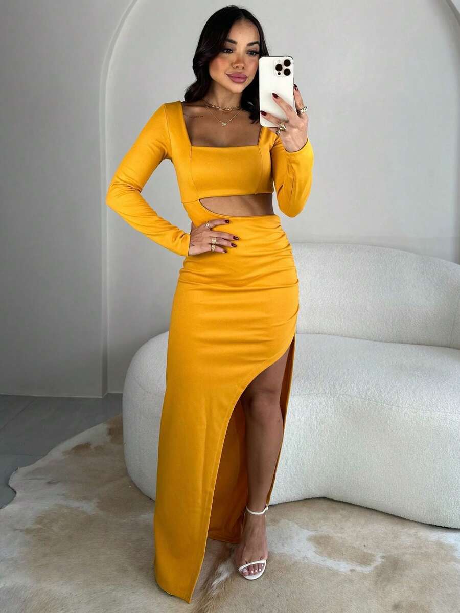 Women's Long Sleeve Maxi Draped Dress With Slit - 芥末黃 - 查看 1
