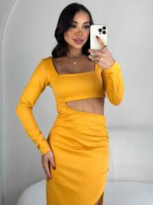 Women's Long Sleeve Maxi Draped Dress With Slit - 芥末黃 - 查看 8