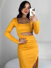 Women's Long Sleeve Maxi Draped Dress With Slit - 芥末黃 - 查看 7