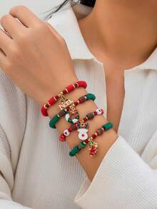 4 件套圣诞老人装饰彩色软粘土、人造珍珠、圣诞节弹性手链套装，多功能可堆叠 - 彩色 - 查看 1