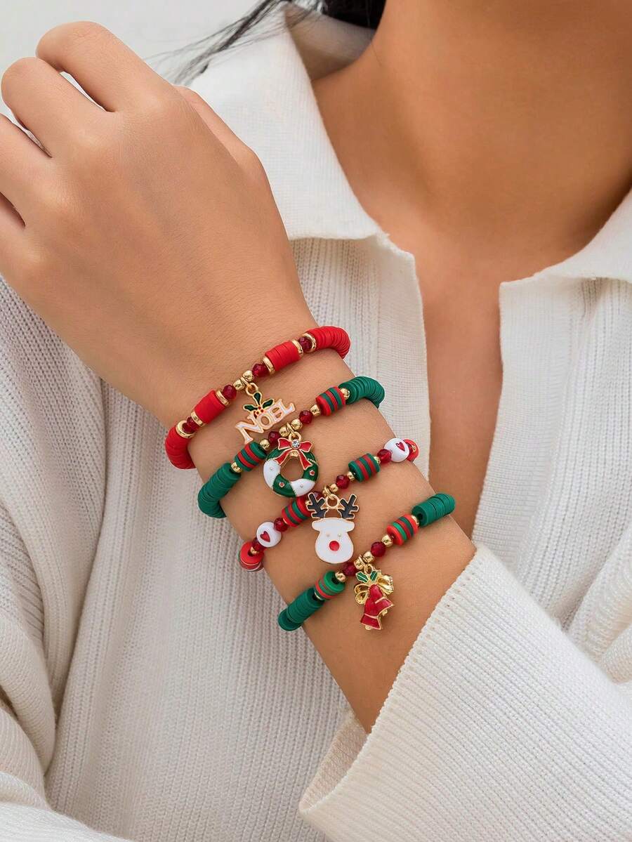 4 件套圣诞老人装饰彩色软粘土、人造珍珠、圣诞节弹性手链套装，多功能可堆叠 - 彩色 - 查看 1