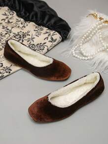 Women's Comfortable & Warm Brown Flat Ballet Flats, Elegant Style For Autumn/Winter Everyday Wear