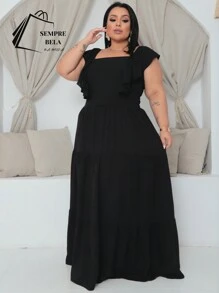 Plus Size Long Dress With Ruffle On The Shoulder - Black - View 3