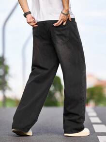 1pc Vintage Washed Denim Jeans, American Style Loose Fit Straight Leg Pants, Casual Men Streetwear - Black - View 2