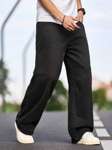 1pc Vintage Washed Denim Jeans, American Style Loose Fit Straight Leg Pants, Casual Men Streetwear - Black - View 8